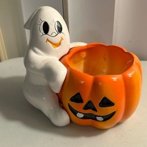Vintage Anthropomorphic Ceramic Halloween Decor Ghost and Pumpkin Plantar/Figure